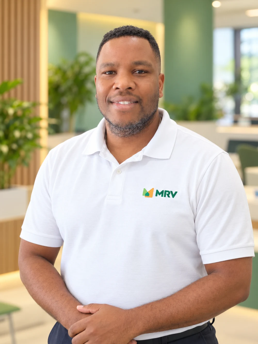 Corretor sorrindo com uniforme MRV